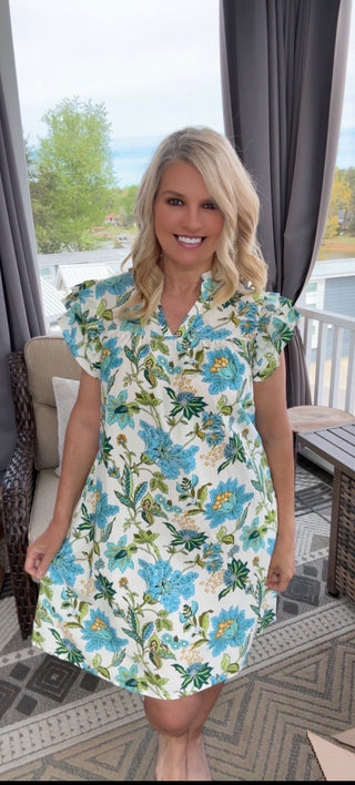 Azure Garden Floral Ruffle Dress