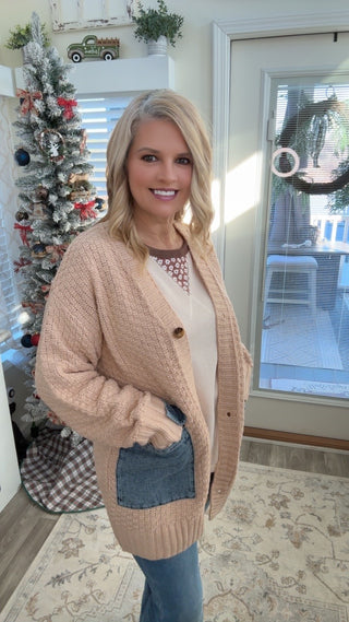 Denim Pocket Textured Knit Cardigan