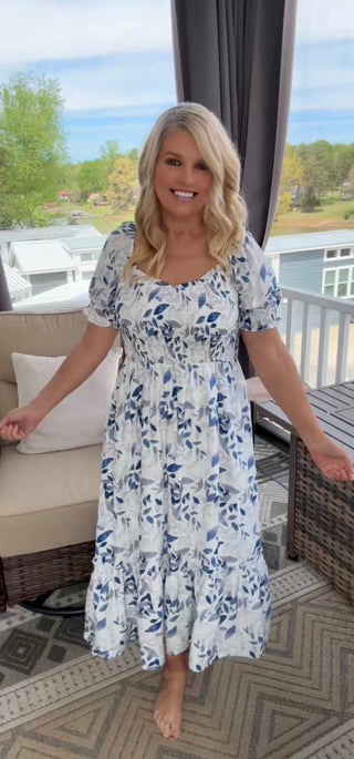 Blue Leaf Smocked Midi Dress