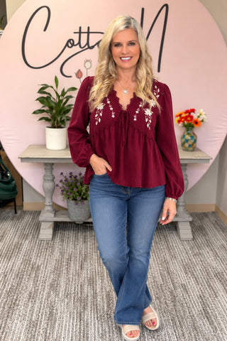 Embroidered Crochet Lace Trim Blouse