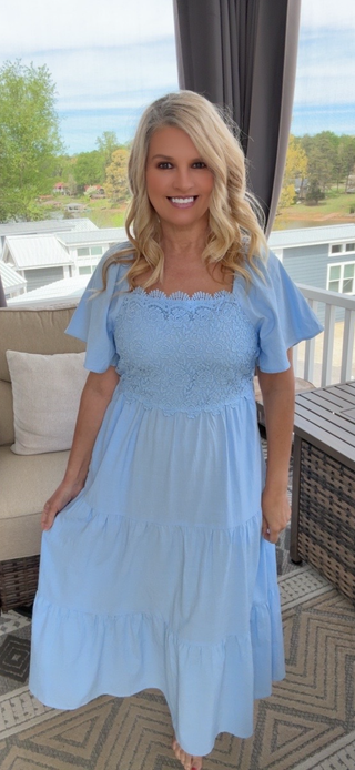 Something Blue Lace Bodice Tiered Maxi Dress