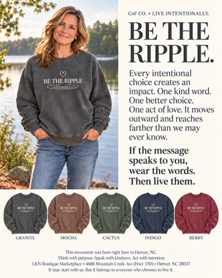 A promotional graphic for a sweatshirt featuring a woman outdoors wearing a dark charcoal gray sweatshirt with the text 'BE THE RIPPLE' printed on the front. The right side contains large marketing text, and the bottom shows six color options labeled Granite, Mocha, Cactus, Indigo, and Berry.