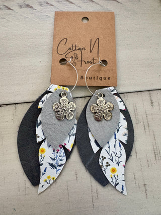 Grey Floral Leather Earrings
