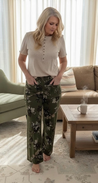 Olive Green Floral Wide-Leg Pants