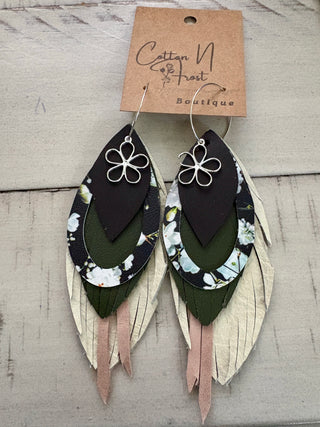 Moss Green Floral Leather Earrings
