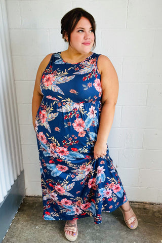 Navy Floral Fit and Flare Sleeveless Maxi Dress (Copy)