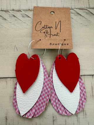 Red Heart Gingham Leather Earrings