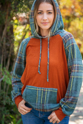 Rust Cashmere Feel Plaid Raglan Hoodie