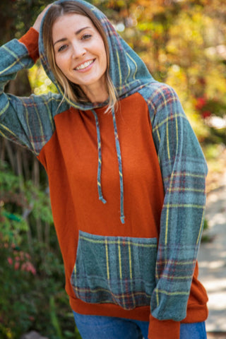 Rust Cashmere Feel Plaid Raglan Hoodie