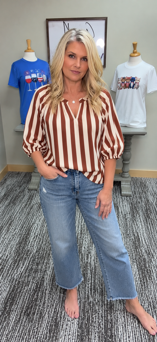 Cocoa Stripe V-Neck Puff Sleeve Blouse