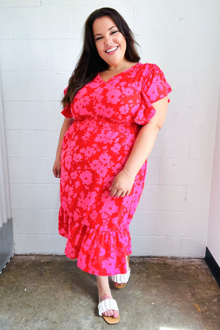 Remember Me Red & Pink Floral Print Smocked Waist Midi Dress