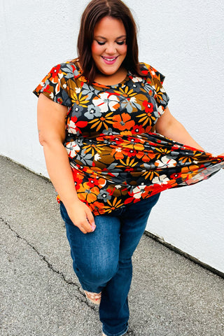 Burnt Orange Flat Floral Print Ruffle Sleeve Babydoll Top