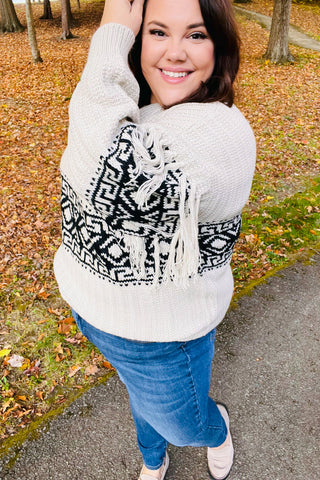 Ready For Anything Taupe & Black Tassel Aztec Sweater