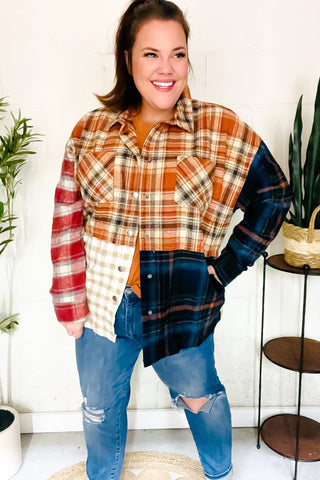 Catch Glances Muticolor Plaid Color Block Snap Button Shacket