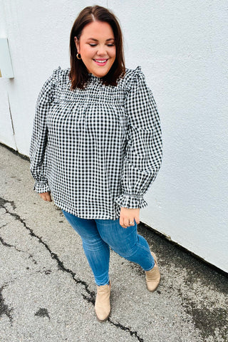 Black Gingham Shirred Yoke Mock Neck Frilled Top