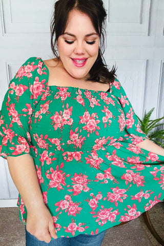 Sumptuous In Smocked Green & Coral Flower Print Babydoll Top