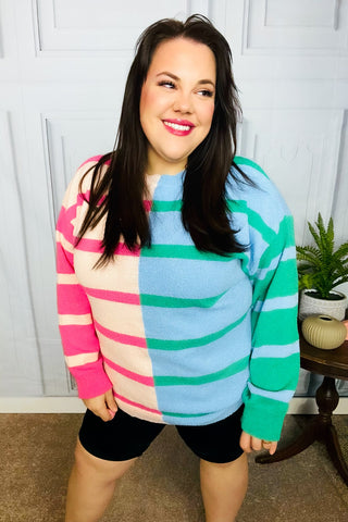 Perfectly Poised Blush & Blue Stripe Color Block Knit Sweater