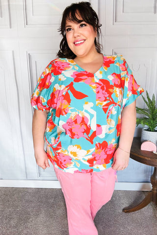 Aqua & Coral Floral V Neck Woven Top