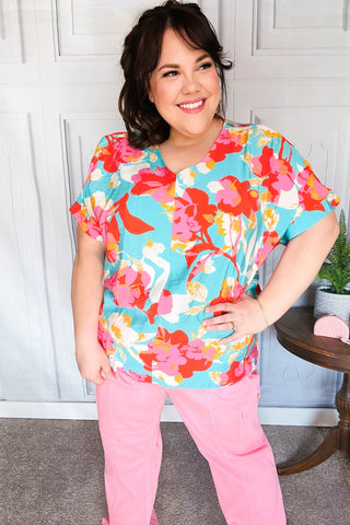 Aqua & Coral Floral V Neck Woven Top