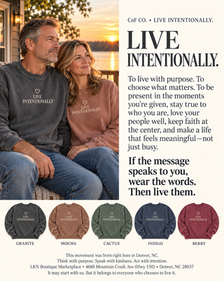 Promotional graphic for Cafo Co. featuring a couple wearing matching dark gray 'LIVE INTENTIONALLY.