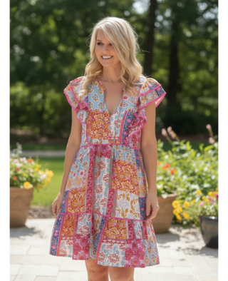 Umgee Patchwork Floral Tiered Dress