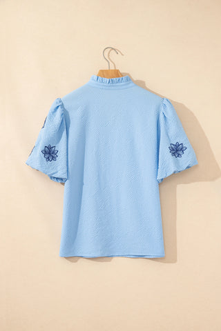 Blue Blooms Embroidered Puff Sleeve Blouse