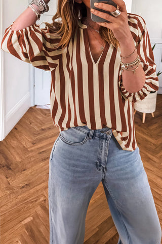 Cocoa Stripe V-Neck Puff Sleeve Blouse