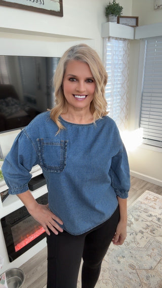 Ruffled Patched Pocket Denim Blouse