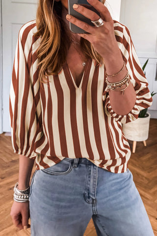 Cocoa Stripe V-Neck Puff Sleeve Blouse