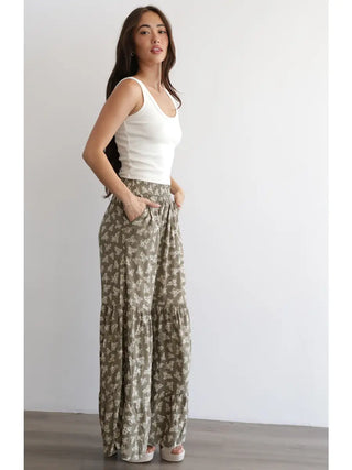 Sage Green Floral Tired Pants