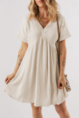 Beige Folded Short Sleeve Lace V Neck Mini Dress