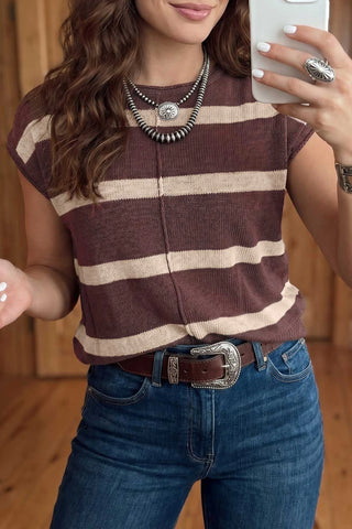 Chocolate brown and cream stripe knit cap sleeve sweater top styled with dark wash jeans, western belt, and layered silver necklaces