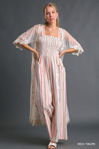 Stripe Smocked Jumpsuit with Side Pockets