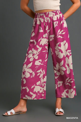 Flower Print Wide Leg Bottom with Elastic Smocked Waistband