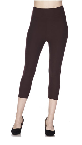 Brown Solid Capri Leggings Yoga Waistband